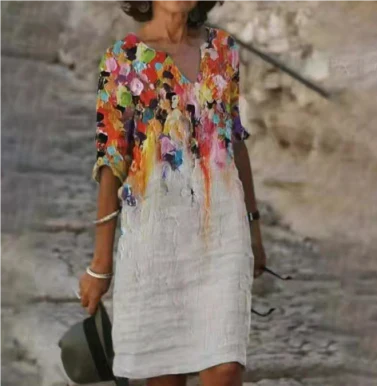 Women’s Artistic Floral Midi Dress Elegant V-Neck Design 4