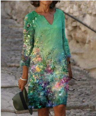 Women’s Artistic Floral Midi Dress Elegant V-Neck Design 5