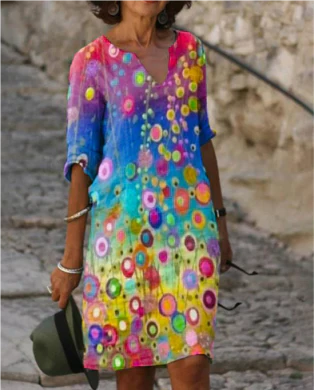 Women’s Artistic Floral Midi Dress Elegant V-Neck Design 6