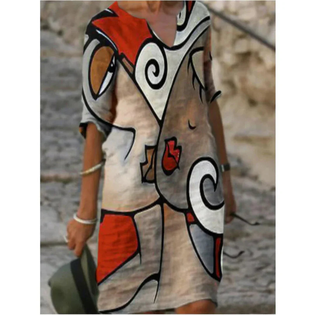 Women’s Artistic Floral Midi Dress Elegant V-Neck Design 7