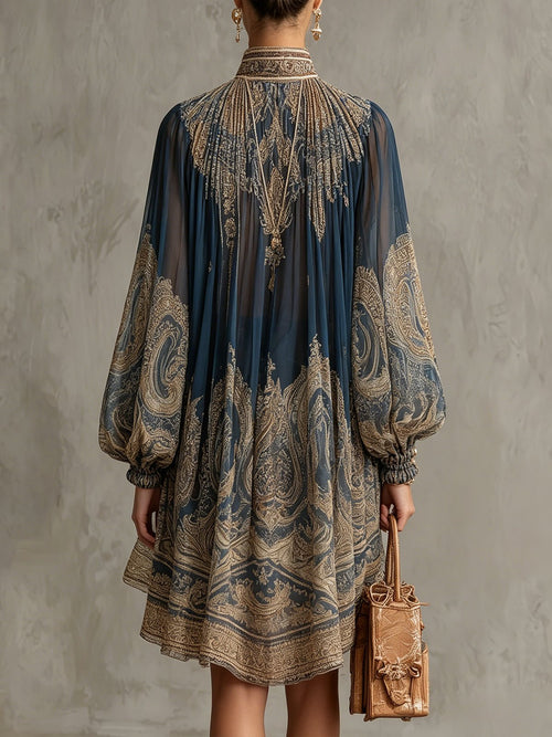 Women’s Asymmetric Chiffon Dress Elegant Baroque Print 1