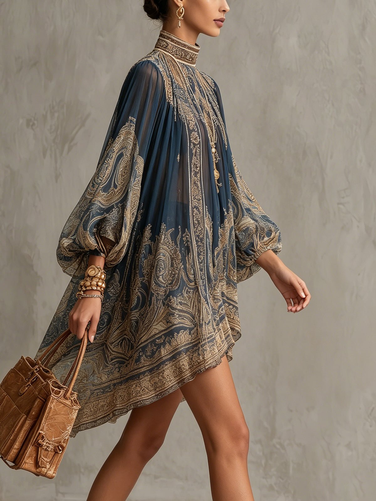 Women’s Asymmetric Chiffon Dress Elegant Baroque Print 2