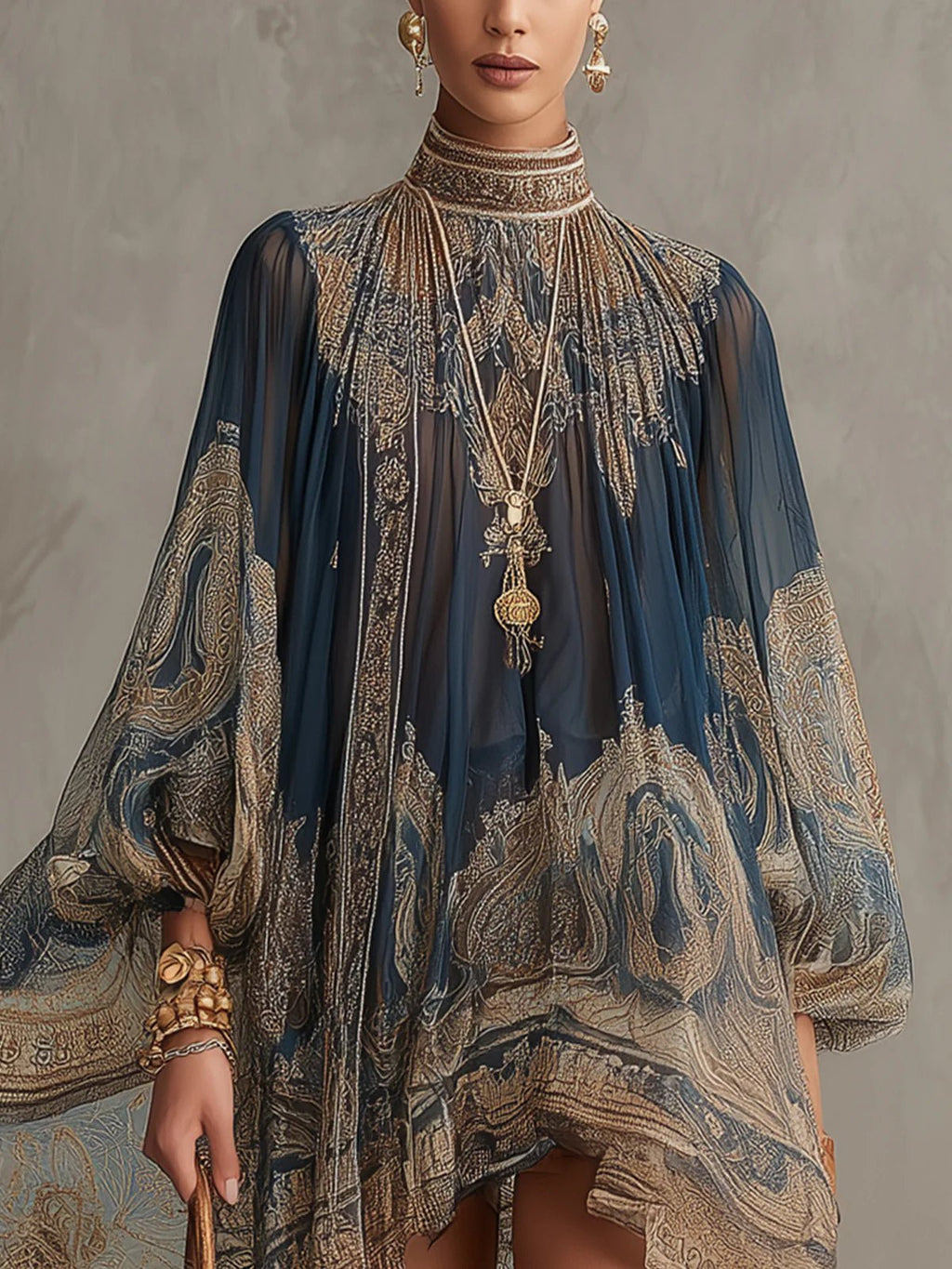 Women’s Asymmetric Chiffon Dress Elegant Baroque Print 3