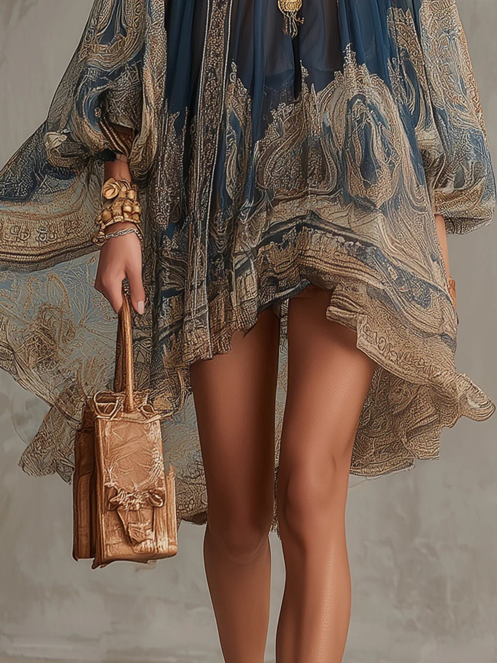 Women’s Asymmetric Chiffon Dress Elegant Baroque Print 4