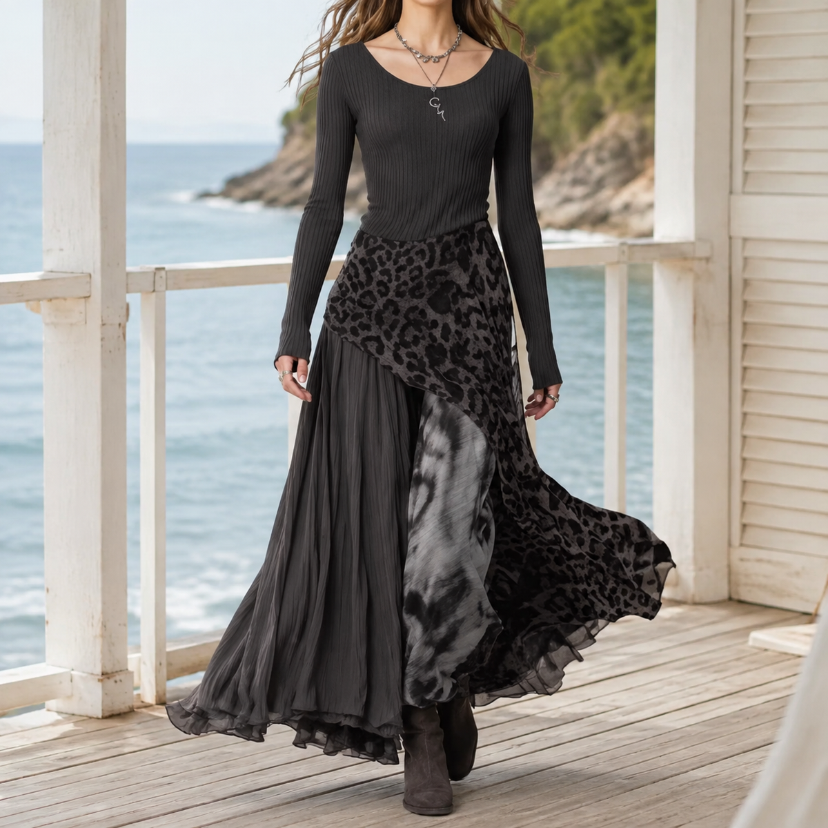 Women’s Asymmetric Maxi Dress Mixed-Texture Design 0