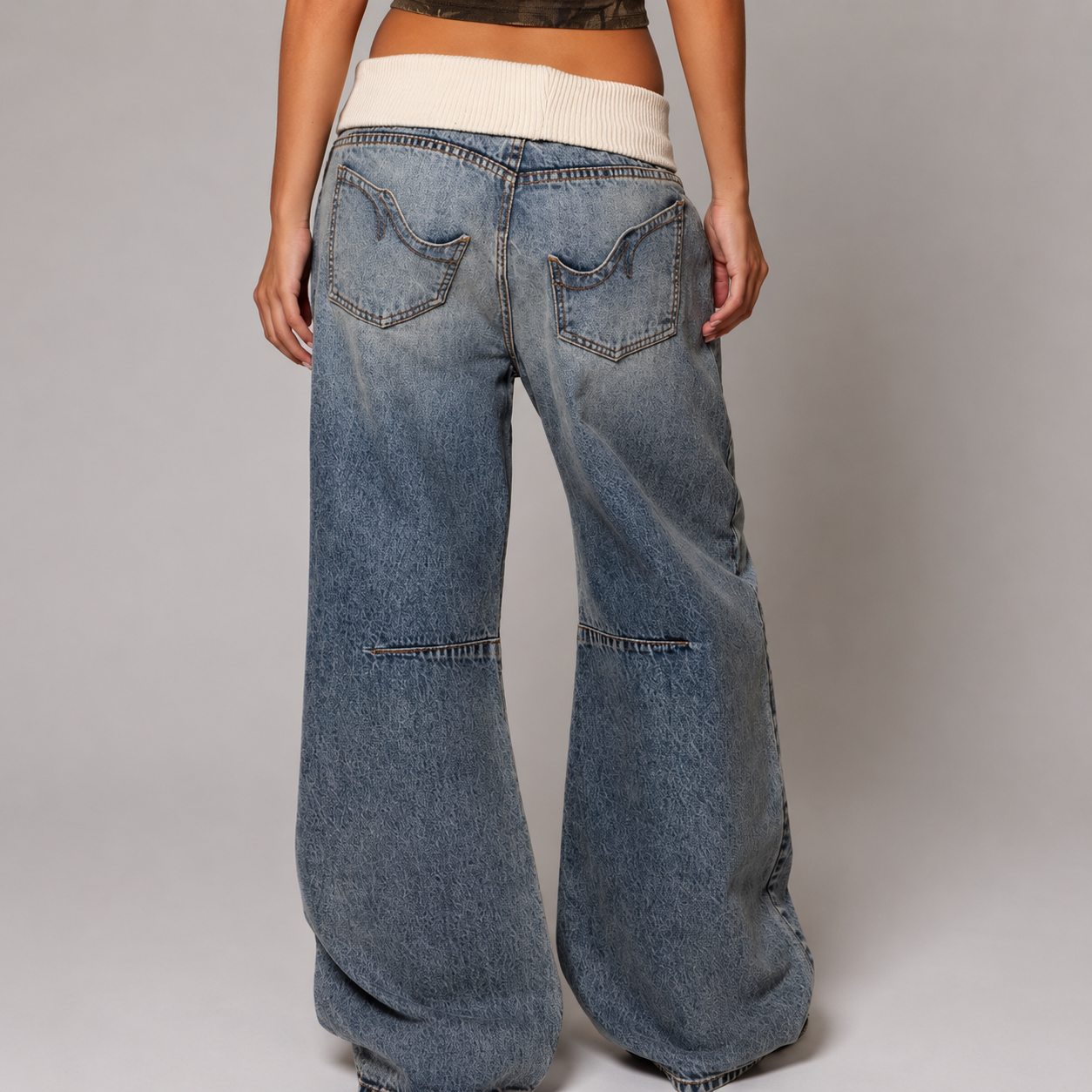 Women’s Baggy Wide-Leg Jeans Comfortable Ribbed Waistband Urban Style 1