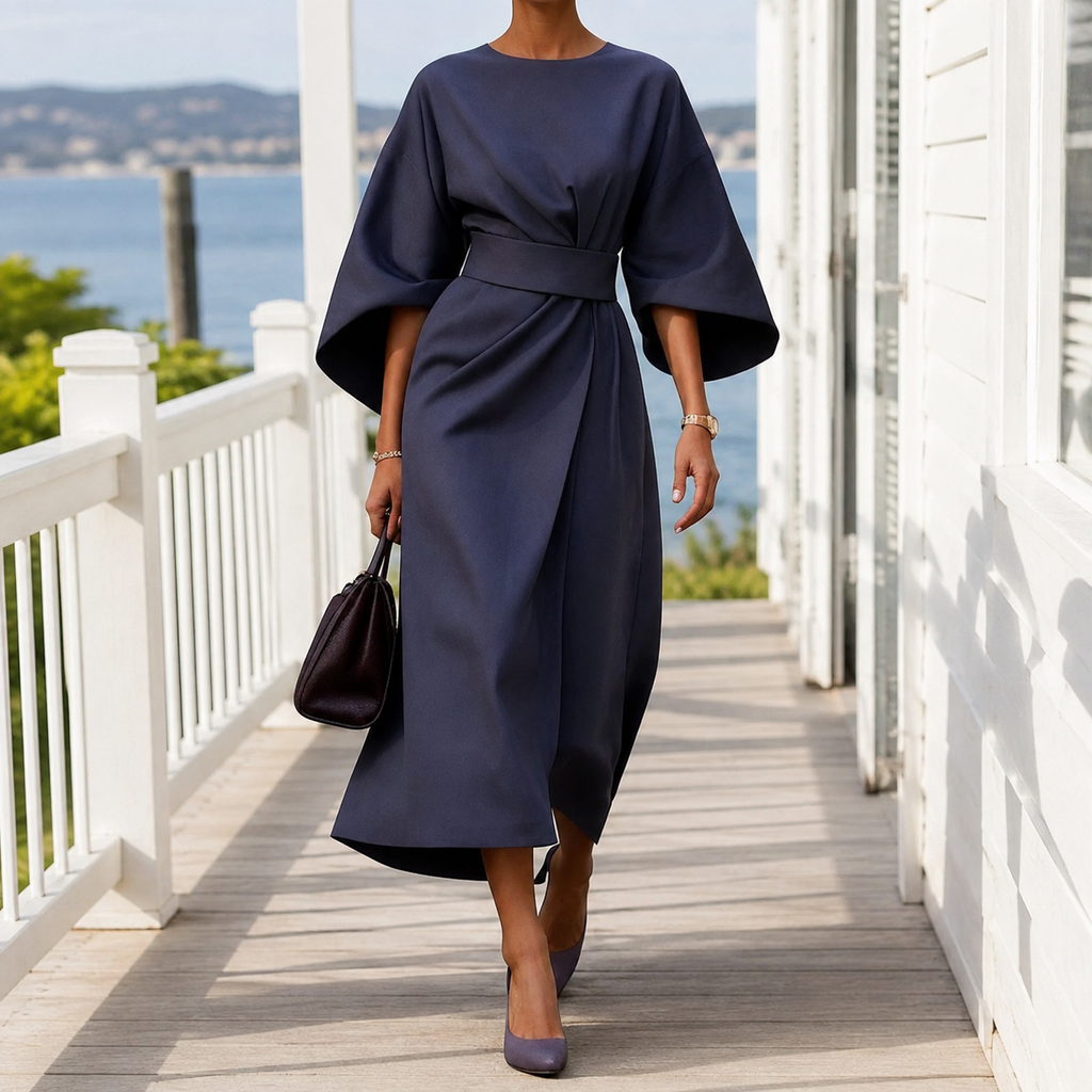 Women’s Belted Midi Dress with Flowing Cape Sleeves 0
