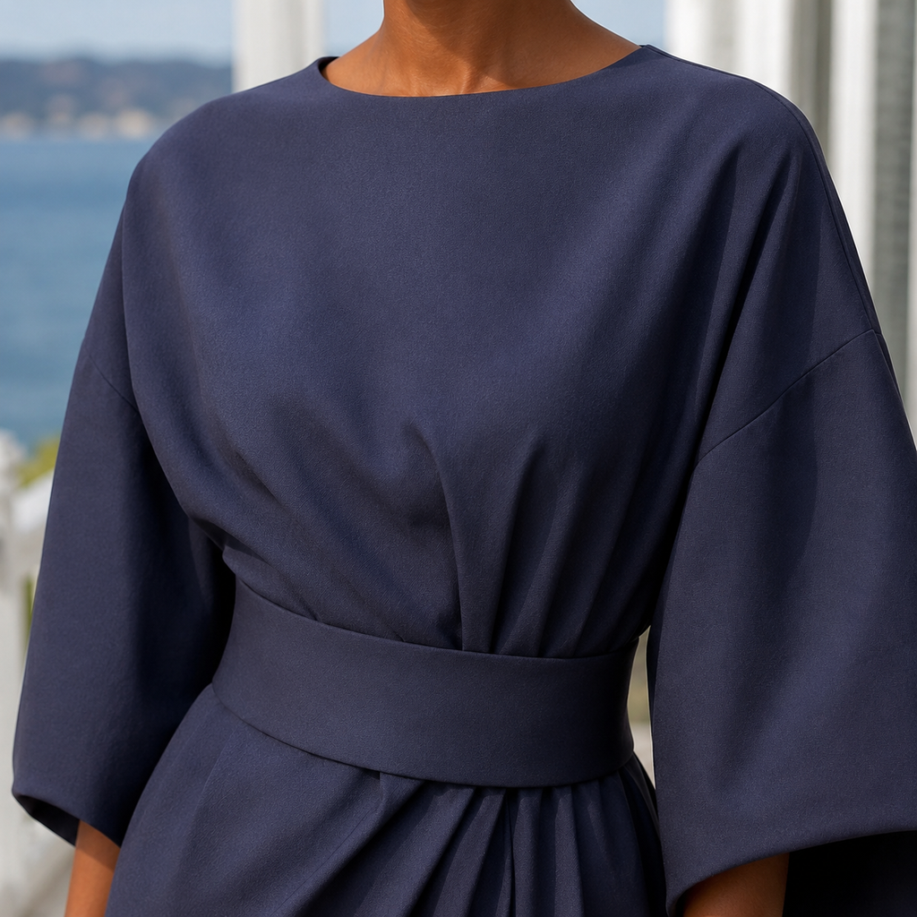 Women’s Belted Midi Dress with Flowing Cape Sleeves 1