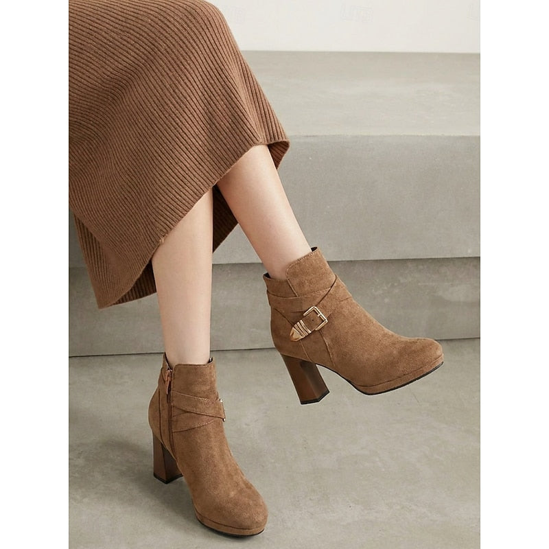 Women’s Black Ankle Boots Block Heel with Buckle Strap Detail 1