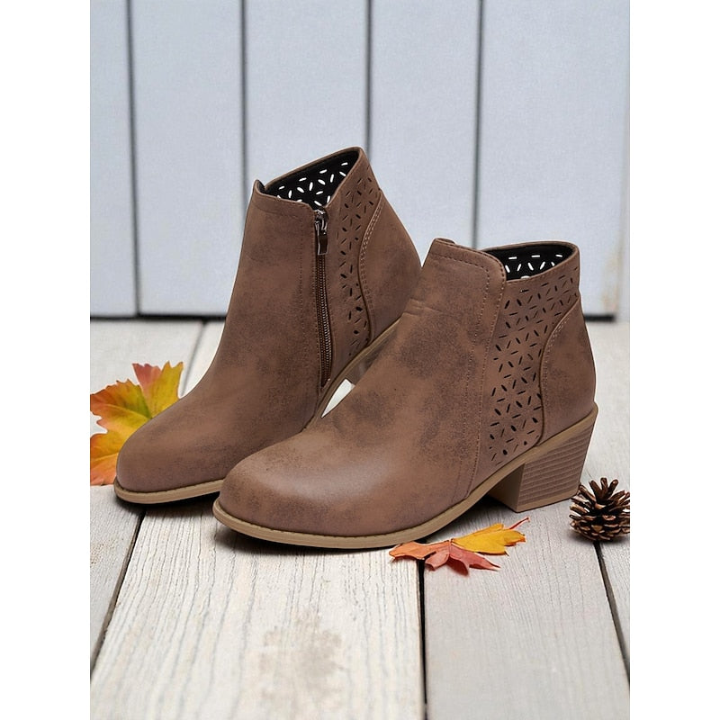 Women’s Black Ankle Boots Low Block Heel with Cutout Detail 0