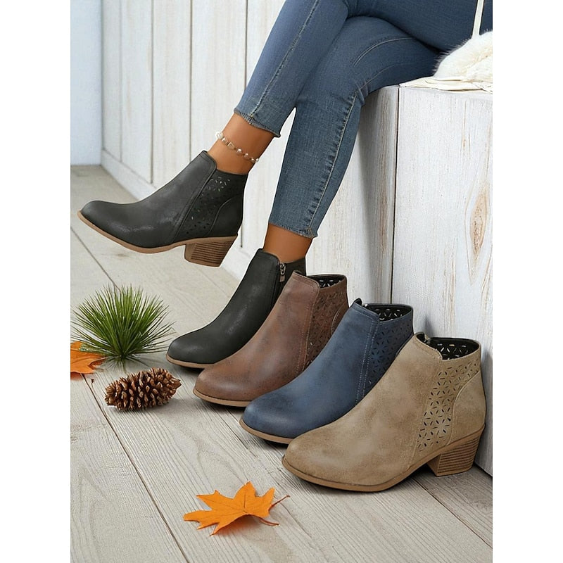 Women’s Black Ankle Boots Low Block Heel with Cutout Detail 1