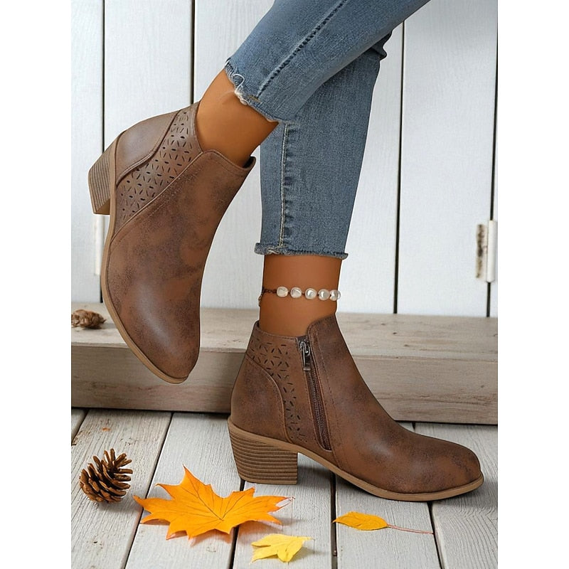 Women’s Black Ankle Boots Low Block Heel with Cutout Detail 2