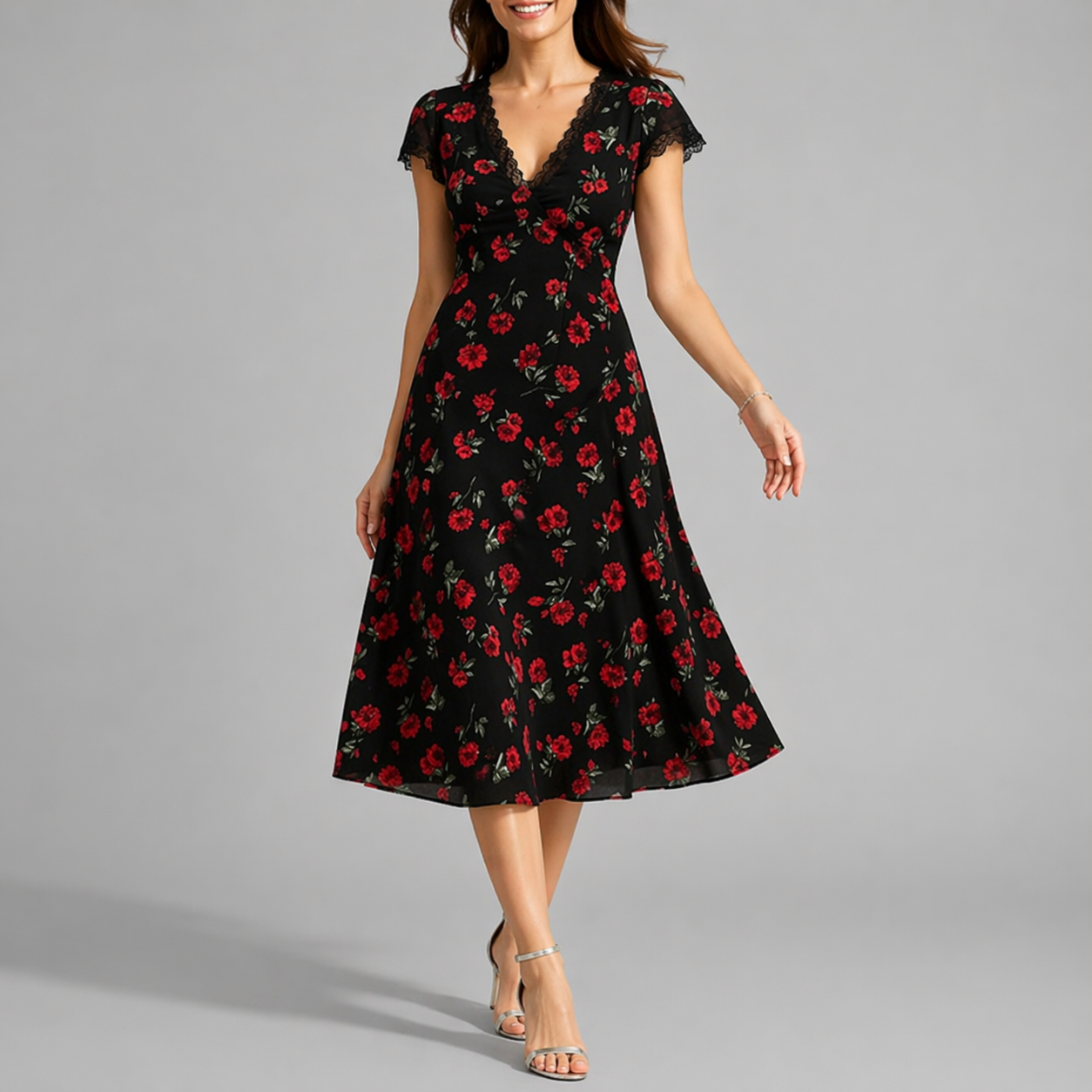 Women’s Black Floral Midi Dress with V-Neck and Lace Trim 0