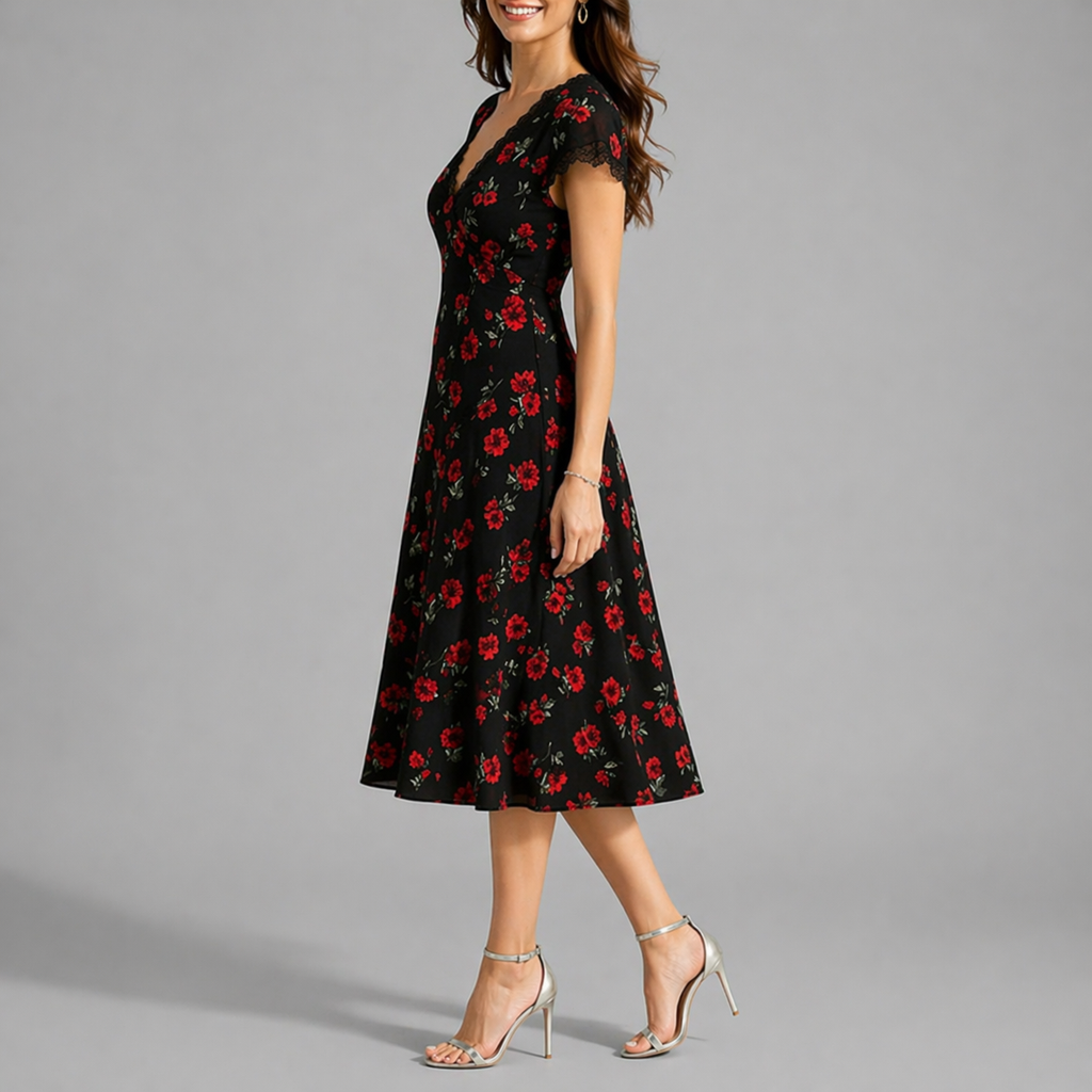 Women’s Black Floral Midi Dress with V-Neck and Lace Trim 1