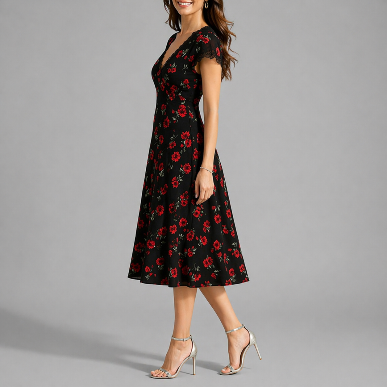 Women’s Black Floral Midi Dress with V-Neck and Lace Trim 1