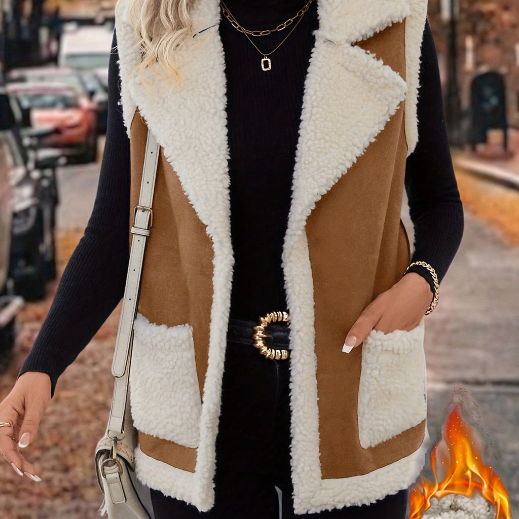 Women’s Black Gilet Sleeveless Vest with Lapel Collar and Pockets 0