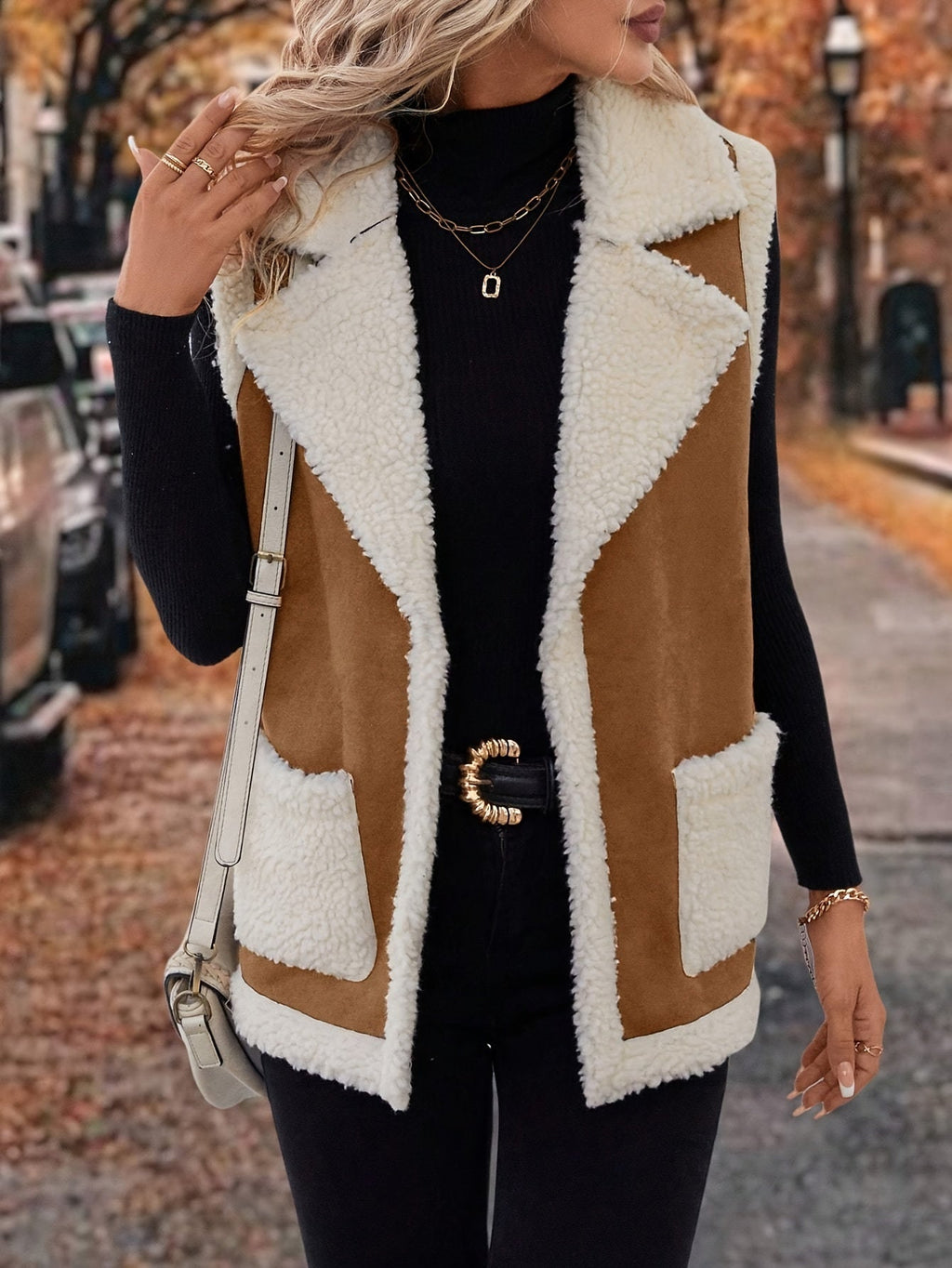 Women’s Black Gilet Sleeveless Vest with Lapel Collar and Pockets 2