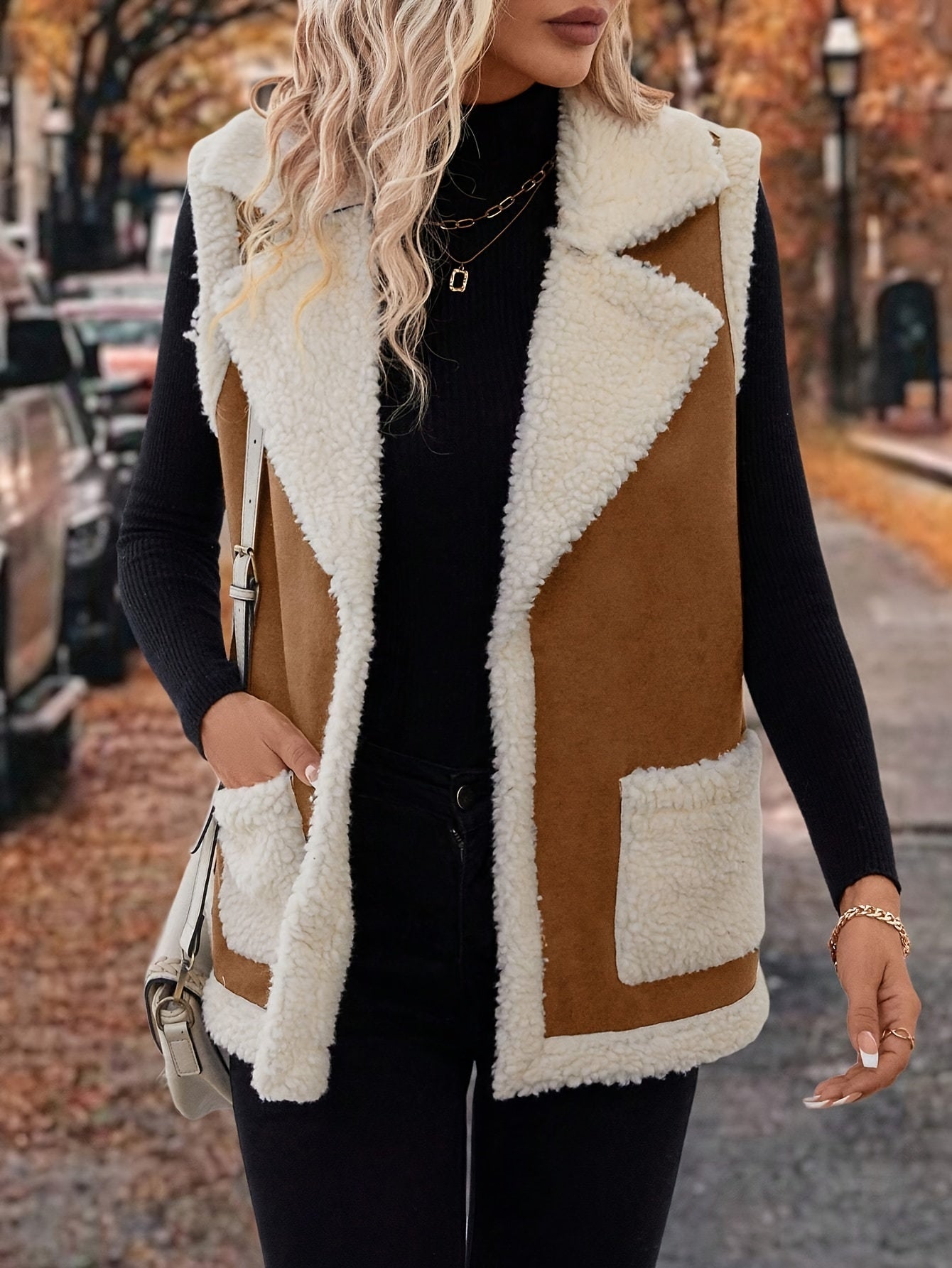 Women’s Black Gilet Sleeveless Vest with Lapel Collar and Pockets 4