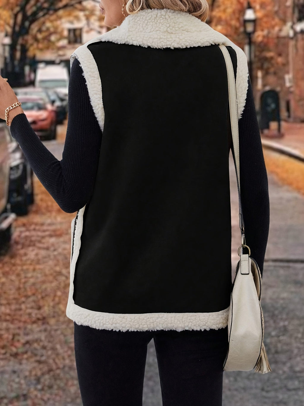Women’s Black Gilet Sleeveless Vest with Lapel Collar and Pockets 8