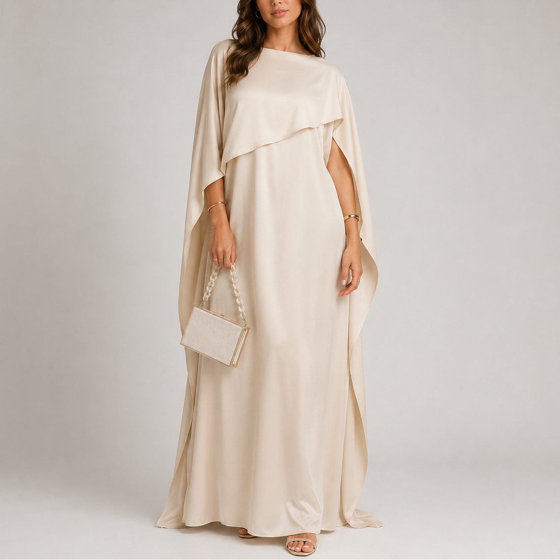Women’s Black Maxi Dress Elegant Draped Cape Design 0