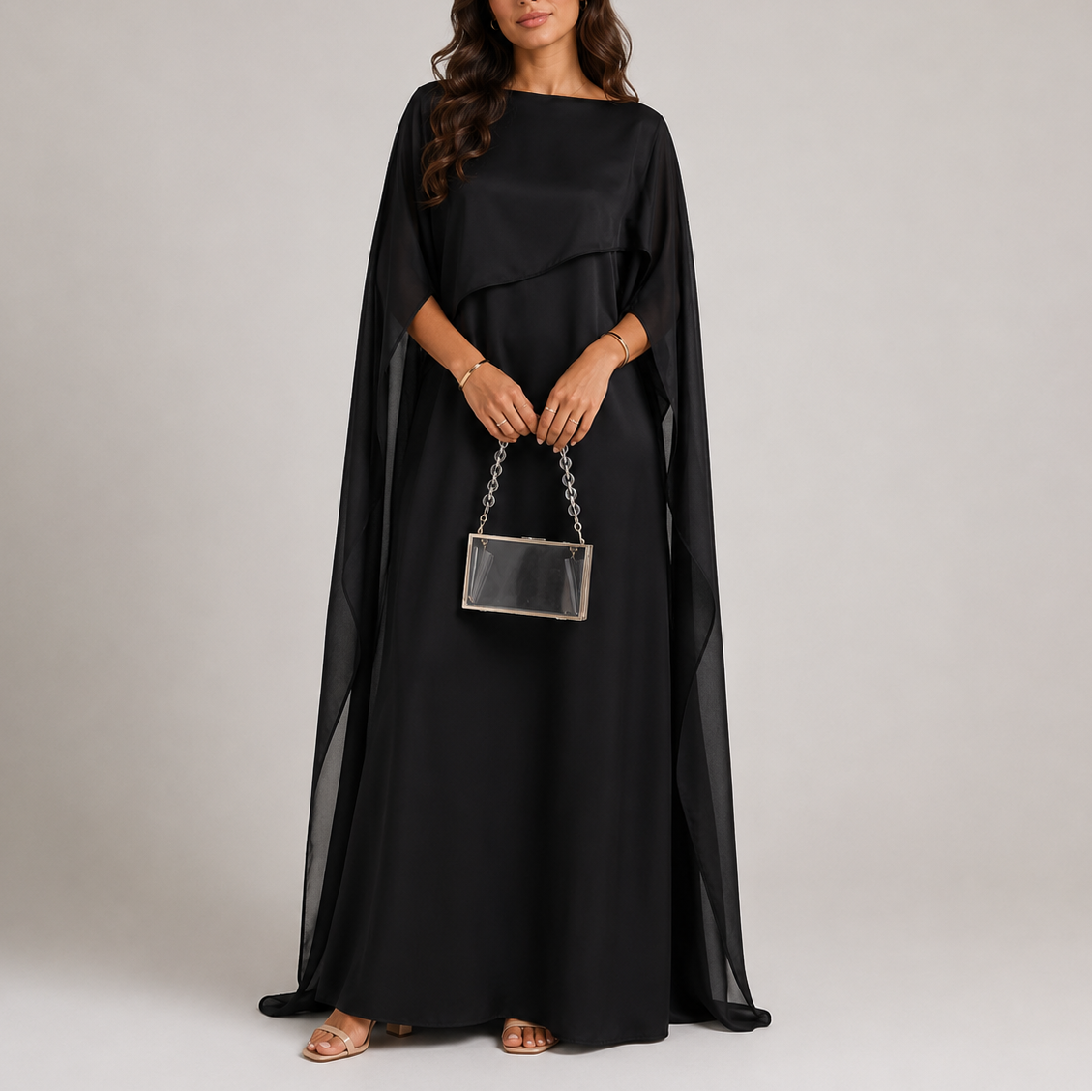Women’s Black Maxi Dress Elegant Draped Cape Design 2