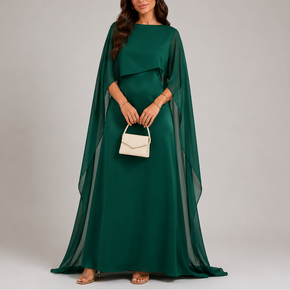 Women’s Black Maxi Dress Elegant Draped Cape Design 4