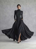 Women’s Black Maxi Dress Elegant Turtleneck and Pleated Skirt 0