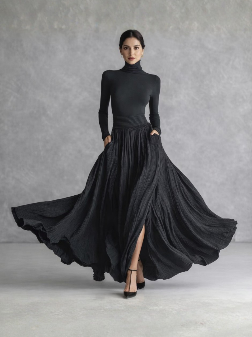 Women’s Black Maxi Dress Elegant Turtleneck and Pleated Skirt 0