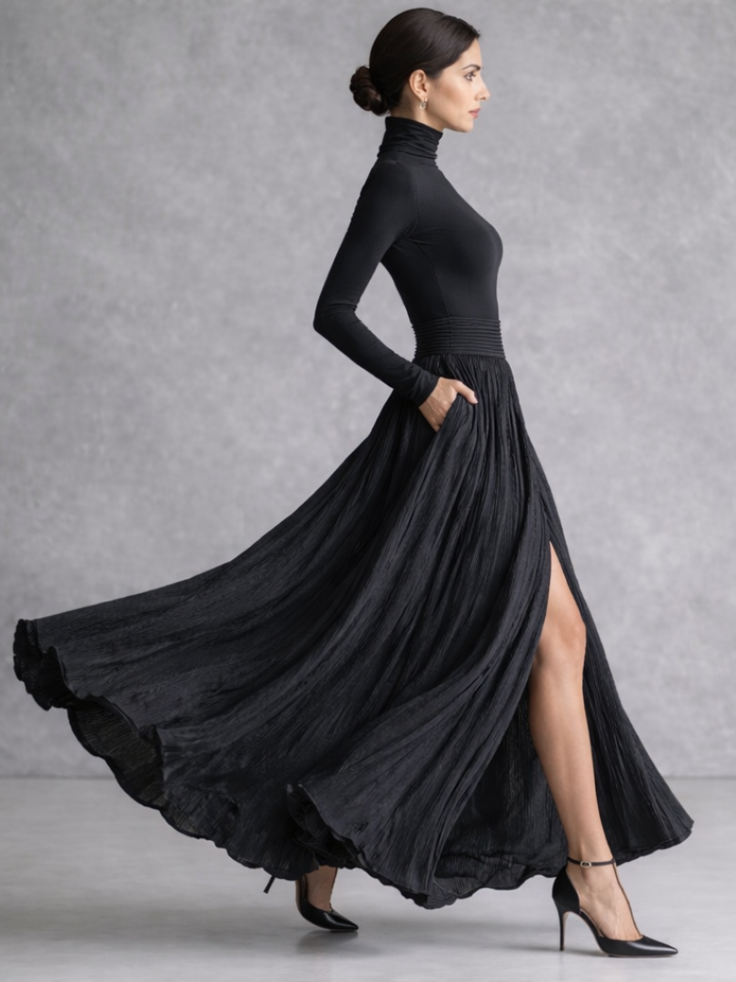 Women’s Black Maxi Dress Elegant Turtleneck and Pleated Skirt 1