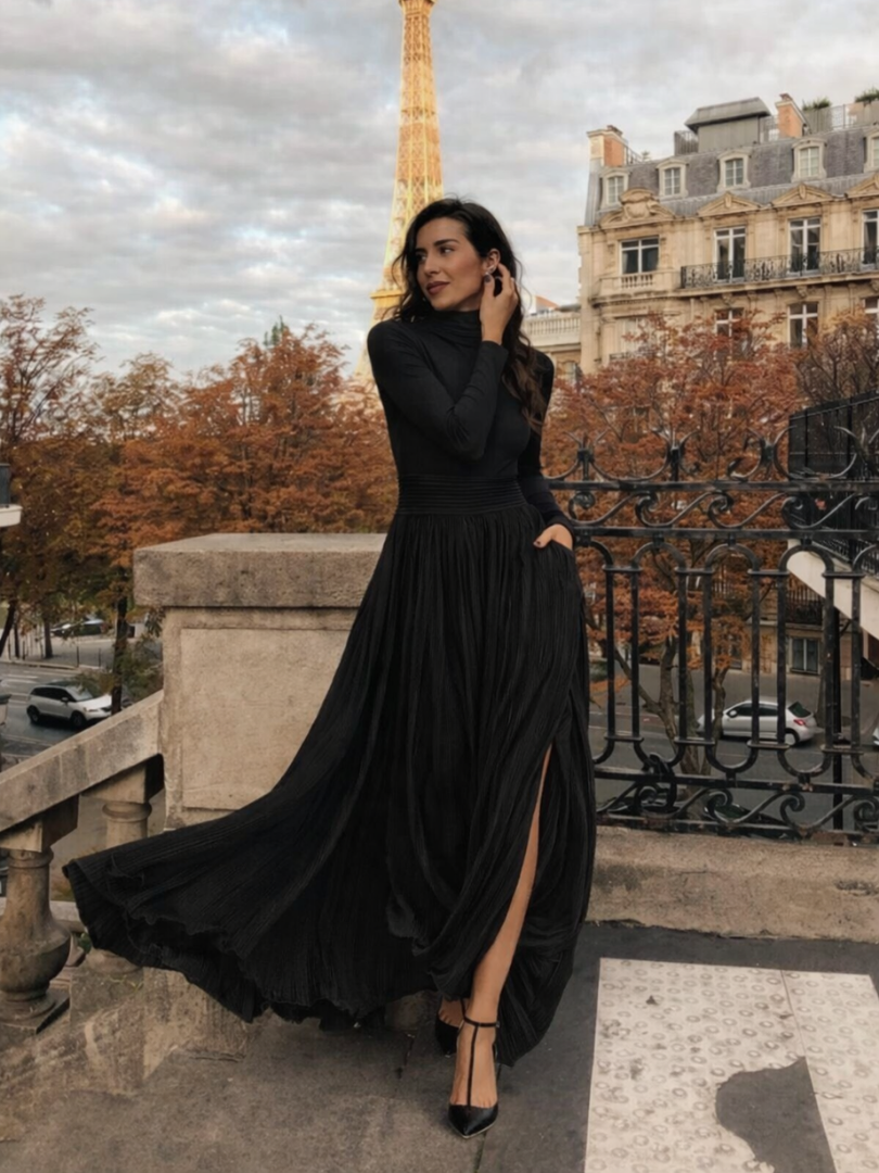Women’s Black Maxi Dress Elegant Turtleneck and Pleated Skirt 4