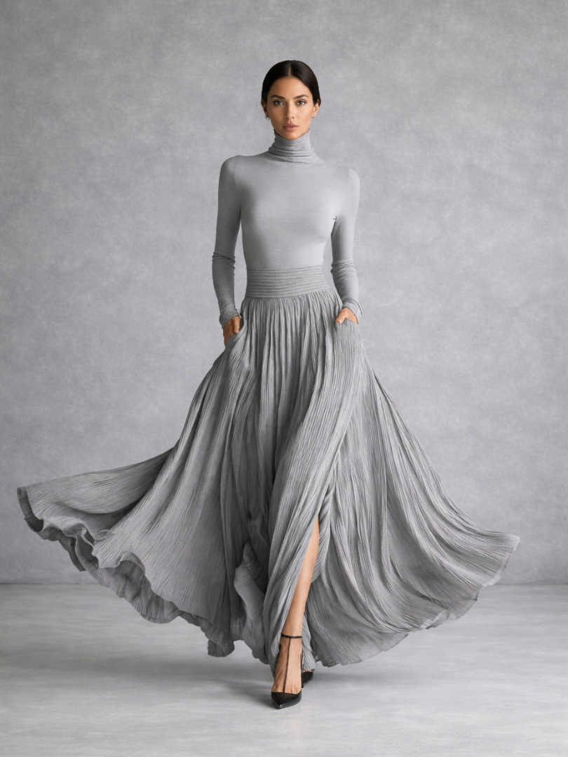 Women’s Black Maxi Dress Elegant Turtleneck and Pleated Skirt 5