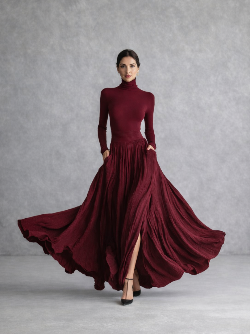 Women’s Black Maxi Dress Elegant Turtleneck and Pleated Skirt 6