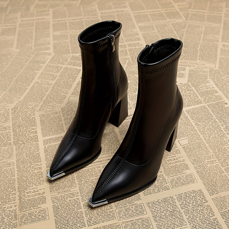Women's Black Pointed-Toe Ankle Boots with Chunky Heel 5