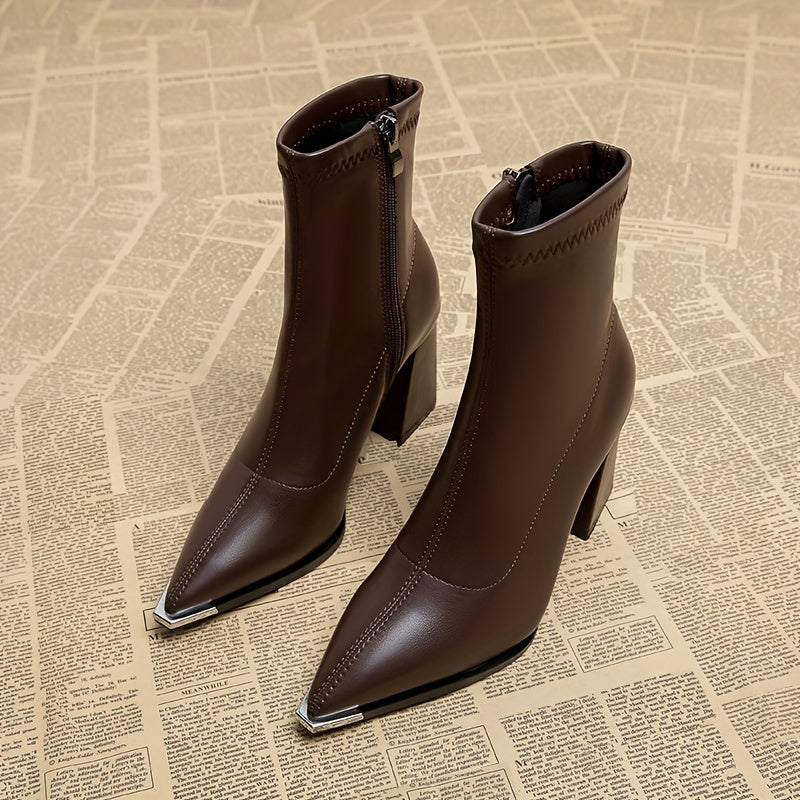 Women's Black Pointed-Toe Ankle Boots with Chunky Heel 6