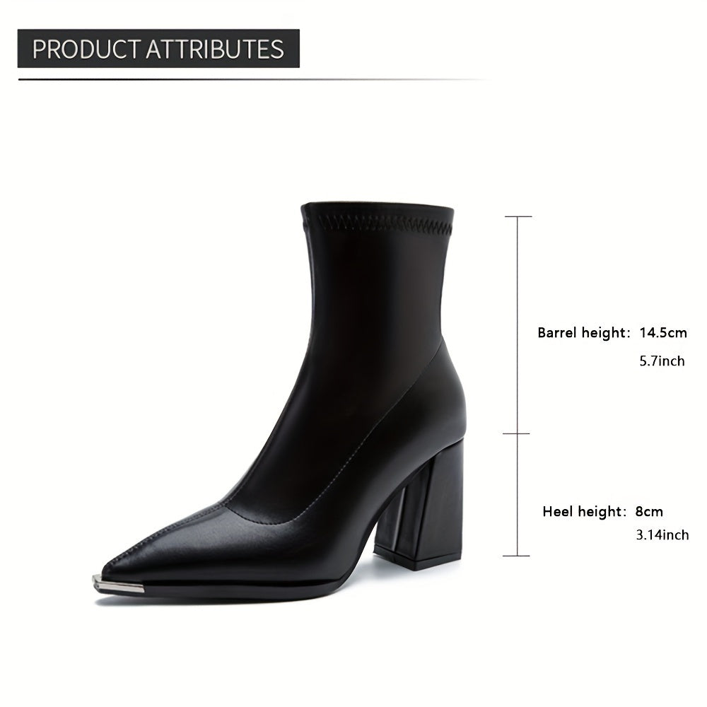 Women's Black Pointed-Toe Ankle Boots with Chunky Heel 7