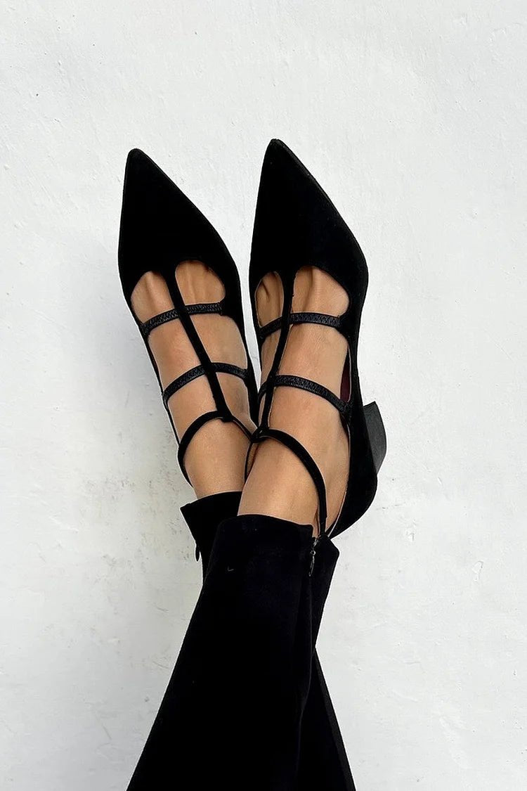 Women’s Black Pointed Toe Flats Elegant Strappy Design 0