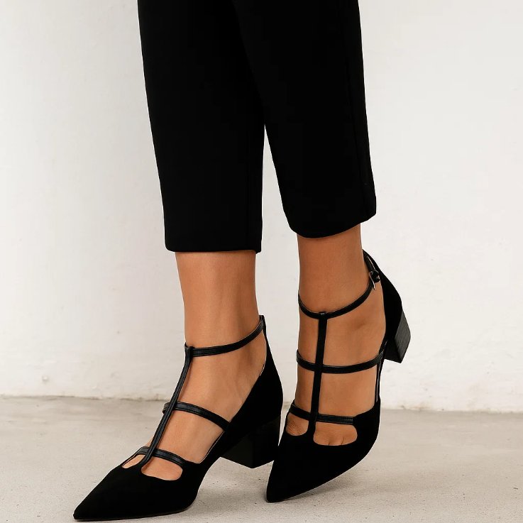 Women’s Black Pointed Toe Flats Elegant Strappy Design 1
