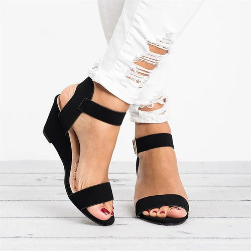 Women’s Black Wedge Sandals Adjustable Ankle Strap Summer Style 0