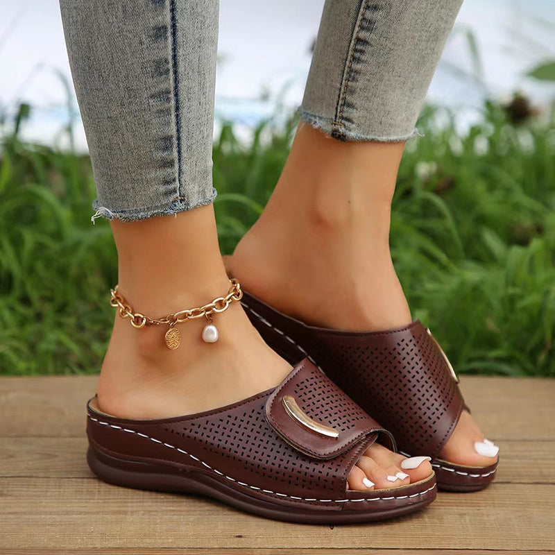 Women’s Black Wedge Sandals Perforated Slip-On Design 0
