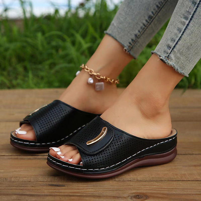 Women’s Black Wedge Sandals Perforated Slip-On Design 1