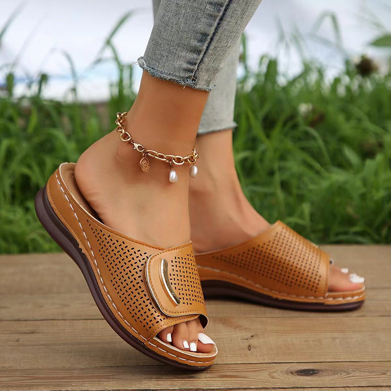 Women’s Black Wedge Sandals Perforated Slip-On Design 2