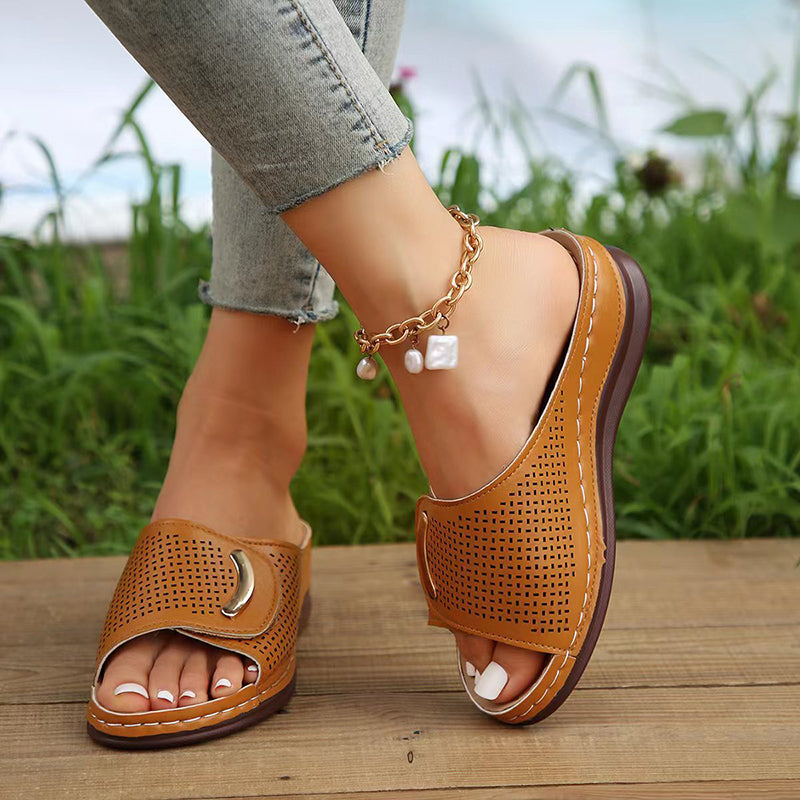 Women’s Black Wedge Sandals Perforated Slip-On Design 5
