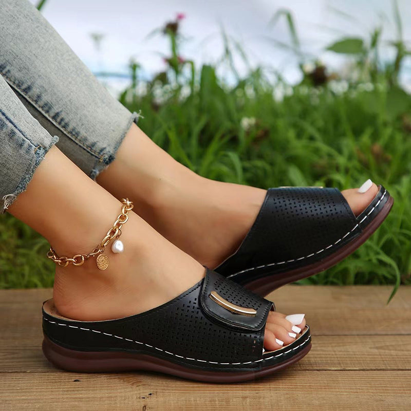Women’s Black Wedge Sandals Perforated Slip-On Design 8
