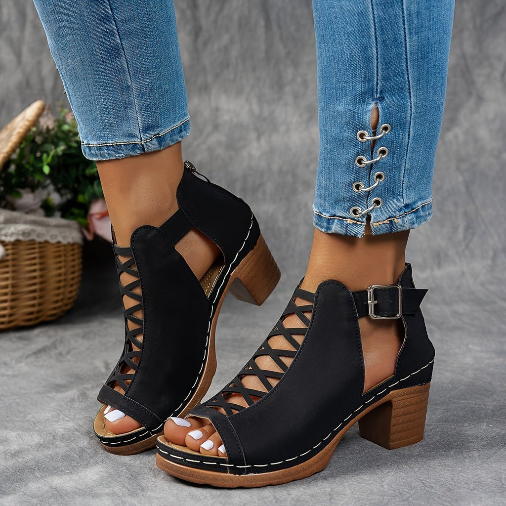 Women’s Block Heel Sandals Lattice Cut-Out Design 0
