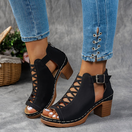 Women’s Block Heel Sandals Lattice Cut-Out Design 1