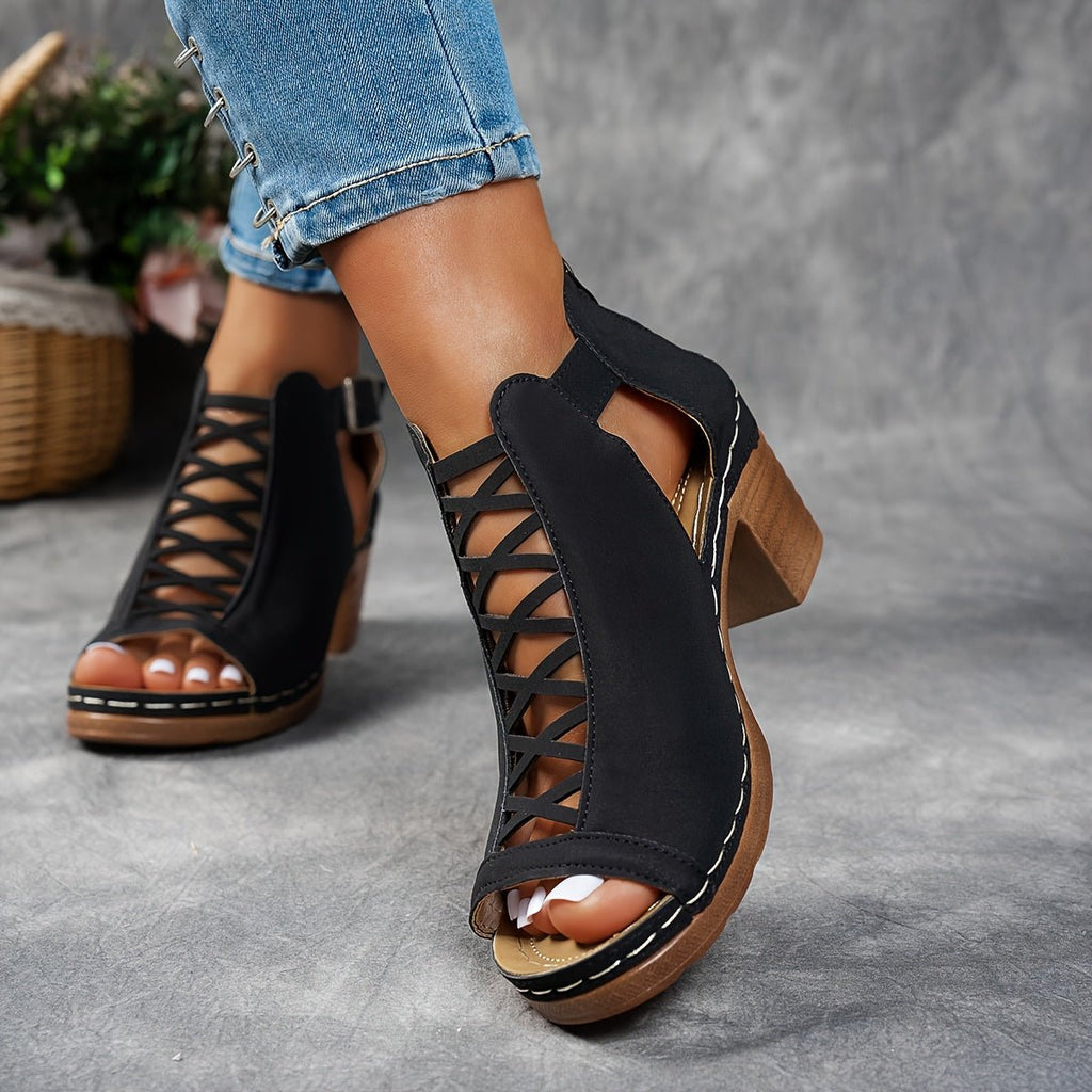 Women’s Block Heel Sandals Lattice Cut-Out Design 2