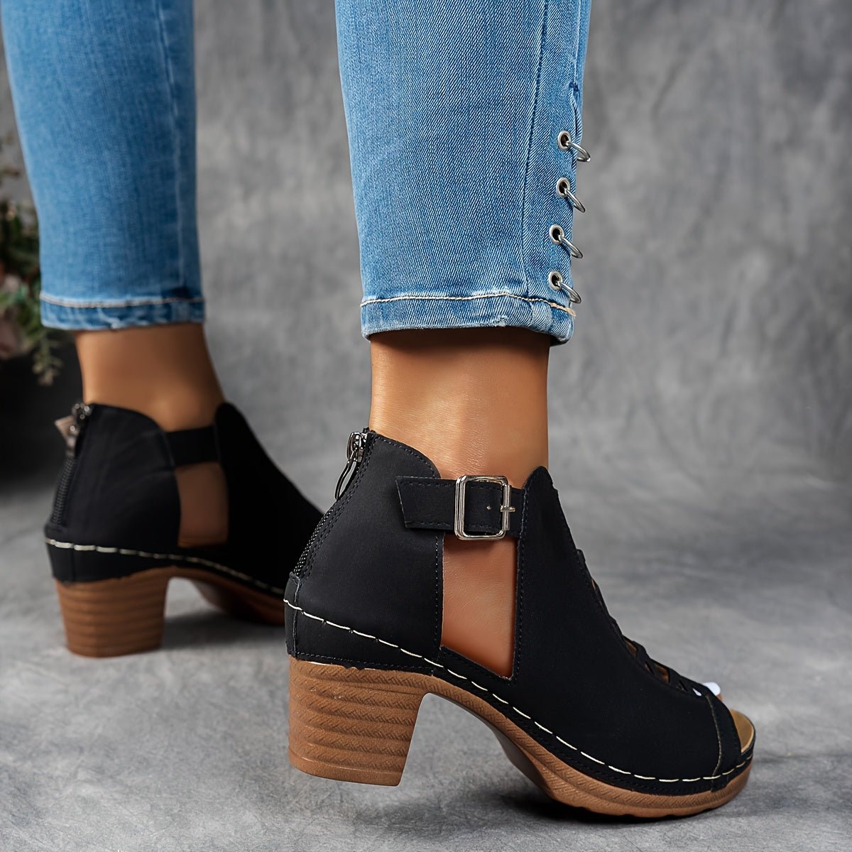 Women’s Block Heel Sandals Lattice Cut-Out Design 3
