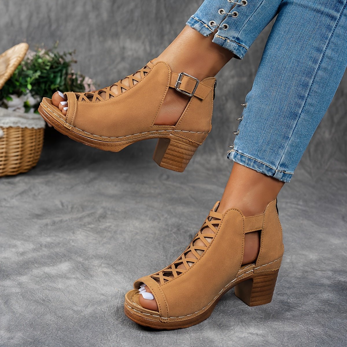 Women’s Block Heel Sandals Lattice Cut-Out Design 6