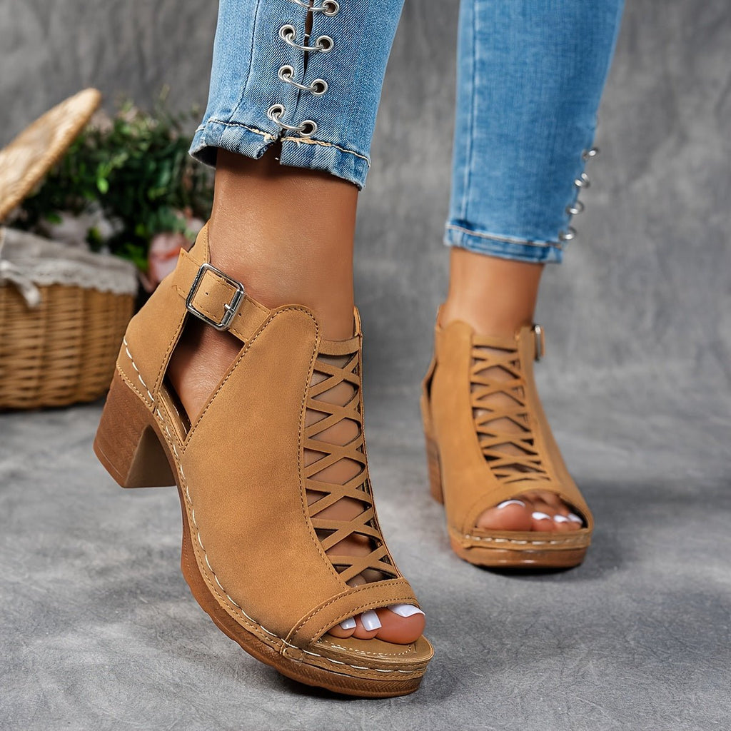Women’s Block Heel Sandals Lattice Cut-Out Design 7