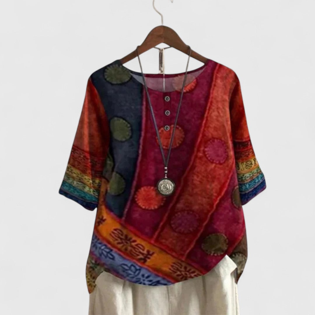 Women’s Bohemian Artistic Top Vibrant Patchwork Design 0